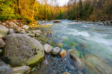 Naklejka na ściany i meble Majestic mountain river with rocks and forest background in Vancouver, Canada.