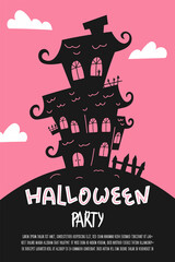 Halloween party poster, banner or invitation flyer with spooky haunted house. Vector illustration.