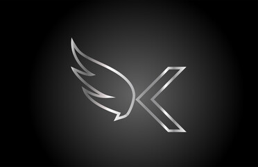 black grey K alphabet letter icon logo with line design. Creative wing concept for company and business template