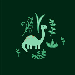 Fototapeta na wymiar Poster with a dinosaur in nature. A cartoon character with an animal drawn in the doodle style. Beautiful template design for kids. Vector illustration