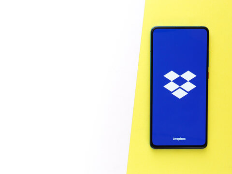 Assam, india - April 10, 2021 : Dropbox logo on phone screen stock image.