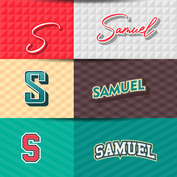 ,Male name,Samuel in various Retro graphic design elements, set of vector Retro Typography graphic design illustration