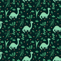 Cute dinosaur pattern. Characters among the tropics for background and texture. Cartoon animal in a doodle for children's textiles. Vector illustration