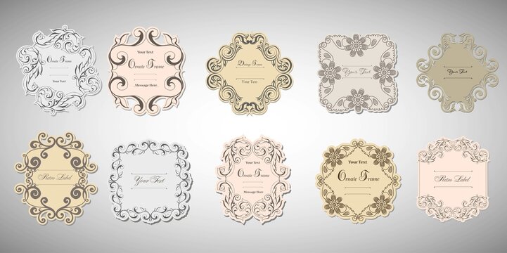 Vintage Labels Frames Art-deco Vector Image. Vector Damask Vintage Baroque Scroll Ornament Swirl. Victorian Monogram Heraldic Shield Swirl.Retro Floral Leaf Pattern Border Foliage Antique Acanthus.