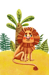 Cute illustration of lion. Funny cartoon characte. Kids print. Drawing animal. Sitting wild character. Cute illustration. Africa wildlife. Zoo mascot. Jungle animal. Safari fur. King of jungle.