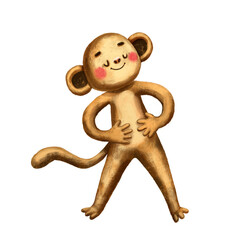 Cute digital illusstration of monkey. Funny drawing character. Little wild animal. Cartoon style of illustration. Adorable primate. Isolated character. Happy chimpanzee. Jungle ape. Baby animal.