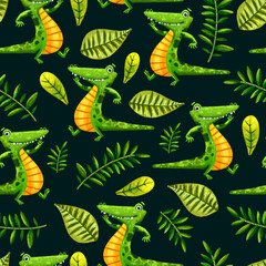 Cute african seamless pattern. Fun crocodile. Savanna landscape. Jungle illustration. Kids mammal pattern. Jungle nature. Tropical print. Savanna  wildlife wallpaper. Alligator and floral elements. 