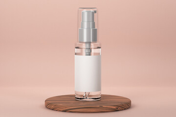 Medical or cosmetic spray mockup on pink background with wooden stand .. Empty spray bottle mockup....