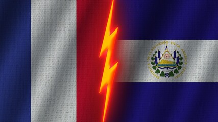 El Salvador and France Flags Together, Wavy Fabric Texture Effect, Neon Glow Effect, Shining Thunder Icon, Crisis Concept, 3D Illustration