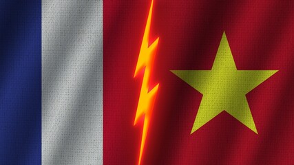 Vietnam and France Flags Together, Wavy Fabric Texture Effect, Neon Glow Effect, Shining Thunder Icon, Crisis Concept, 3D Illustration