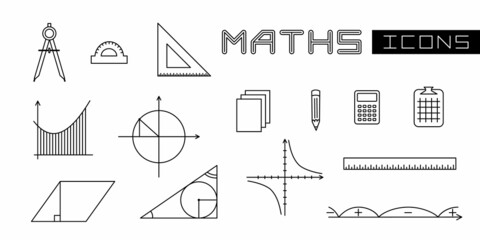 A set of linear isolated elements for maths. Geometric and mathematical objects. Vector illustration for school textbooks, educational projects, maths banners and posters. - obrazy, fototapety, plakaty