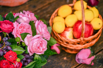 autumn still life.decor.flowers and fruits