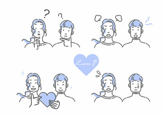 男性同士のカップルのシンプルでお洒落な線画イラストセット