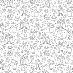 Seamless pattern for the new year and Christmas, funny dark contour cartoon moose for winter entertainment, outline animals on a white background