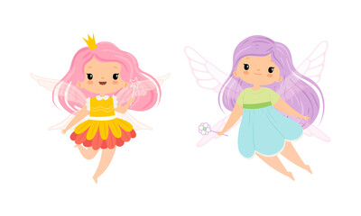 Cute Little Pixie Girl with Ethereal Wings Flying with Magic Wand Vector Set