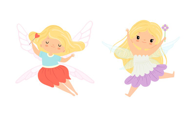 Cute Little Pixie Girl with Ethereal Wings Flying with Magic Wand Vector Set