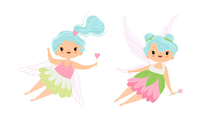 Cute Little Pixie Girl with Ethereal Wings Flying with Magic Wand Vector Set
