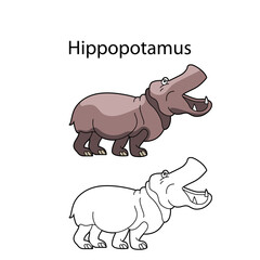 Funny cute animal hippopotamus isolated on white background. Linear, contour, black and white and colored version. Illustration can be used for coloring book and pictures for children