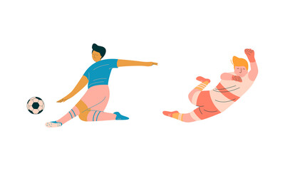Fototapeta na wymiar Young Man Playing Football or Soccer Moving the Ball Running Around Pitch Scoring Goals Vector Set