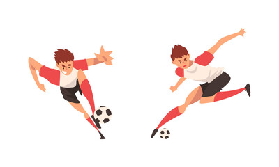Fototapeta na wymiar Young Man in Boots and Knee-highs Playing Football or Soccer Moving the Ball Around Pitch Scoring Goals Vector Set