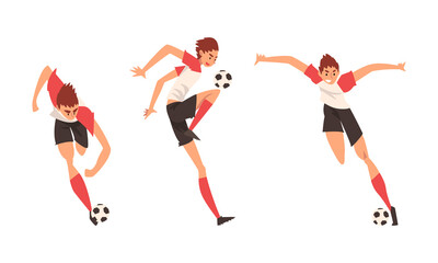 Fototapeta na wymiar Young Man in Boots and Knee-highs Playing Football or Soccer Moving the Ball Around Pitch Scoring Goals Vector Set