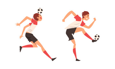 Young Man in Boots and Knee-highs Playing Football or Soccer Moving the Ball Around Pitch Scoring Goals Vector Set
