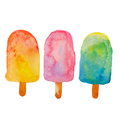 Watercolor illustration by hand of three ice creams on a white background. Pink green orange watercolor ice cream.