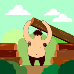 a strong man works in the forest and makes treehouse / a house from trees .  vector, flat illustration