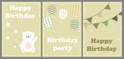 Birthday card set with cute bear. flag and ball. Set of birthday greeting cards design. For Kids. Vector illustration. Beige color.