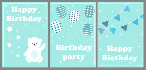 Kids Birthday card set with cute bear, flag and ball. Set of birthday greeting cards design. For Kids. Vector illustration. Blue color.