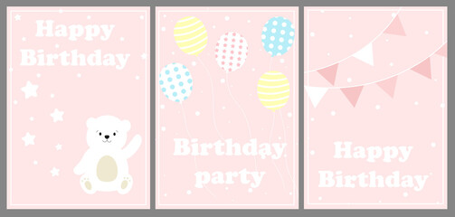 Fototapeta na wymiar Birthday card set with cute bear. flag and ball. Set of birthday greeting cards design. For Kids. Vector illustration. Pink color.
