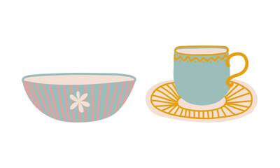 Cute Hand Drawn Cup and Bowl for Drinking Tea Vector Set