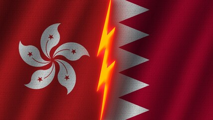 Bahrain and Hong Kong Flags Together, Wavy Fabric Texture Effect, Neon Glow Effect, Shining Thunder Icon, Crisis Concept, 3D Illustration
