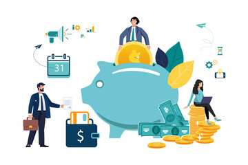 Savings. Businessman saves money, finances. Business woman at the computer, office worker character executing business plan ideas.Successful business concept.Flat vector graphic design people isolated