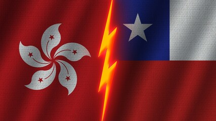 Chile and Hong Kong Flags Together, Wavy Fabric Texture Effect, Neon Glow Effect, Shining Thunder Icon, Crisis Concept, 3D Illustration