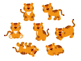 Set, a collection of tigers in different poses and emotions.  He sleeps, plays, growls. The symbol of the year of the Eastern calendar. Children's funny wild animal design. Vector graphics