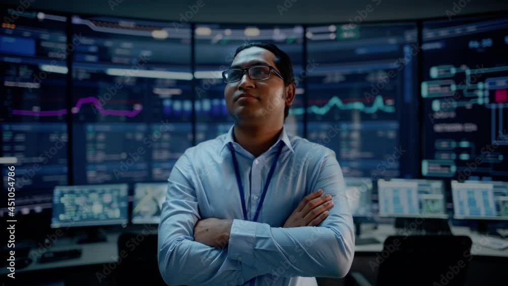Poster First Person POV Footage of Professional IT Technical Support Specialist or Software Engineer Pushing Augmented Reality Display in a Modern Monitoring Control Room Full of Computers. VFX Animation.