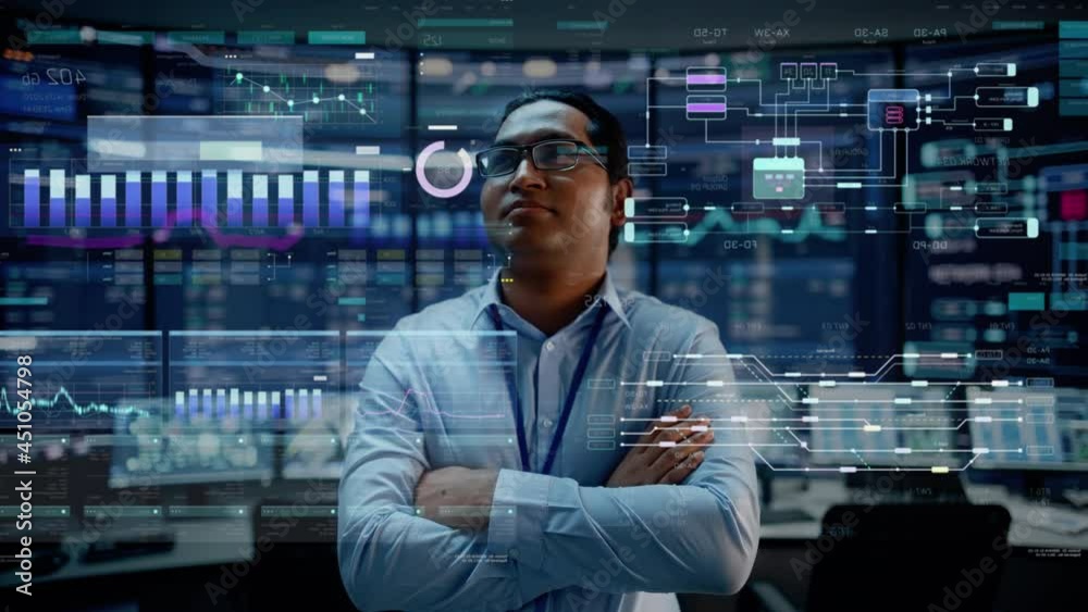 Poster First Person POV Footage of Professional IT Technical Support Specialist or Software Engineer Pushing Augmented Reality Display in a Modern Monitoring Control Room Full of Computers. VFX Animation.
