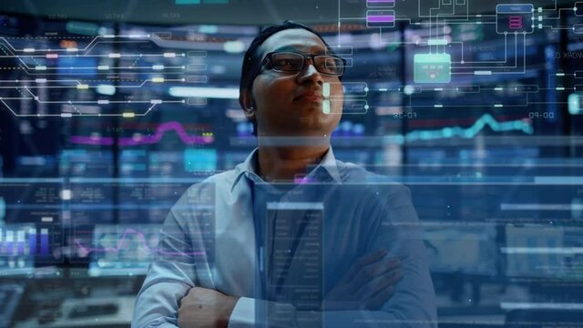First Person POV Footage of Professional IT Technical Support Specialist or Software Engineer Pushing Augmented Reality Display in a Modern Monitoring Control Room Full of Computers. VFX Animation.