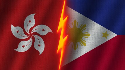 Philippines and Hong Kong Flags Together, Wavy Fabric Texture Effect, Neon Glow Effect, Shining Thunder Icon, Crisis Concept, 3D Illustration