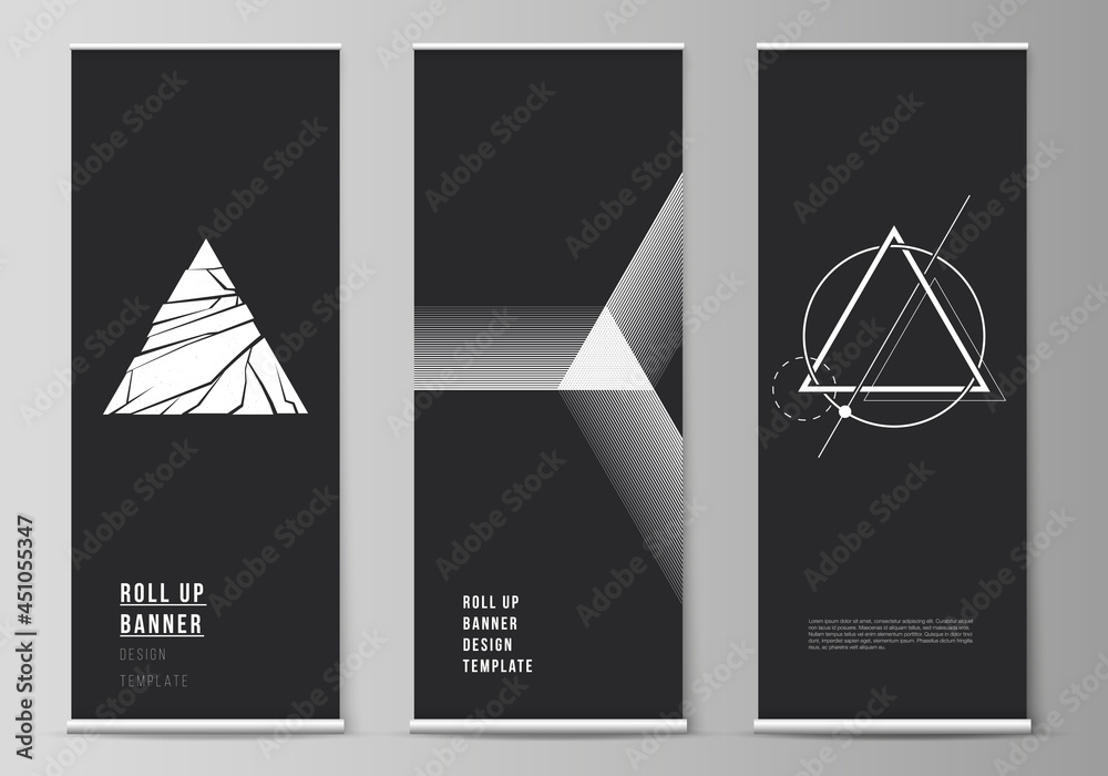 Poster the vector illustration layout of roll up banner stands, vertical flyers, flags design business temp