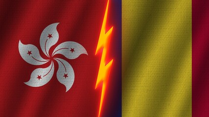 Romania and Hong Kong Flags Together, Wavy Fabric Texture Effect, Neon Glow Effect, Shining Thunder Icon, Crisis Concept, 3D Illustration