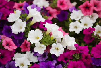 Flower bed full of different cultivars of Petunia, natural macro floral background
