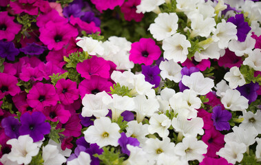 Flower bed full of different cultivars of Petunia, natural macro floral background © Tamara Kulikova