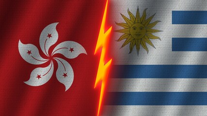 Uruguay and Hong Kong Flags Together, Wavy Fabric Texture Effect, Neon Glow Effect, Shining Thunder Icon, Crisis Concept, 3D Illustration