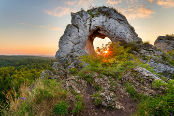 Okiennik Wielki rock during sunrise - Jura Krakowsko-Czestochowska - Poland
