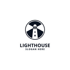 Monochrome lighthouse on circle with light. light house logo design vector 