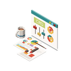 Marketing Strategy Isometric Concept Icon With 3D Desktop Element Colorful Diagrams