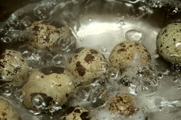 small speckled quail eggs in boiling water