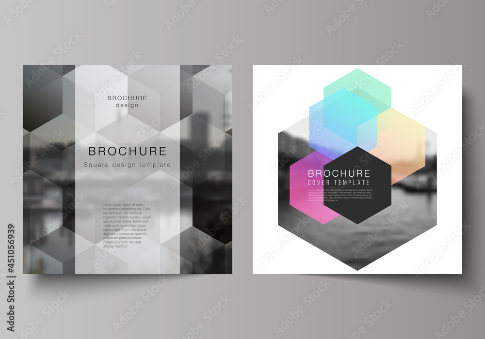Poster vector layout of two square format covers design templates with abstract shapes and colors for broch